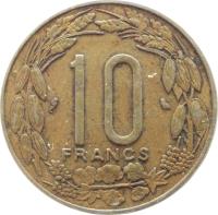 Central Africa (BEAC) coin 10 Francs (1974 - 2003) reverse reverse of 10 Francs (1974 - 2003) coin with KM# 9 from Central Africa (BEAC). Inscription: 10 FRANCS