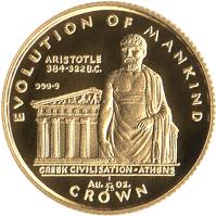 reverse of 1/25 Crown - Elizabeth II - Greek Civilisation: Athens (1997) coin with KM# 587 from Gibraltar. Inscription: EVOLUTION OF MANKING ARISTOTLE 384-322 B.C. 999 · 9 GREEK CIVILISATION - ATHENS Au 1/25 OZ. CROWN