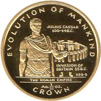 reverse of 1/25 Crown - Elizabeth II - The Roman Empire (1997) coin with KM# 589 from Gibraltar. Inscription: EVOLUTION OF MANKING JULIUS CAESAR 100-44 B.C. INVASION OF BRITAIN 55 B.C. 999 · 9 THE ROMAN EMPIRE Au 1/25 OZ. CROWN