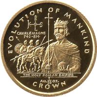 Gibraltar coin 1/25 Crown - Elizabeth II - The Holy Roman Empire (1997) reverse reverse of 1/25 Crown - Elizabeth II - The Holy Roman Empire (1997) coin with KM# 593 from Gibraltar. Inscription: EVOLUTION OF MANKING CHARLEMAGNE 742-814 THE HOLY ROMAN EMPIRE Au 1/25 OZ. CROWN