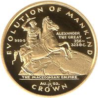Gibraltar coin 1/25 Crown - Elizabeth II - The Macedonian Empire (1997) reverse reverse of 1/25 Crown - Elizabeth II - The Macedonian Empire (1997) coin with KM# 595 from Gibraltar. Inscription: EVOLUTION OF MANKING ALEXANDER THE GREAT 356-323 B.C. 999 · 9 THE MACEDONIAN EMPIRE Au 1/25 OZ. CROWN