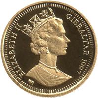 obverse of 1/25 Crown - Elizabeth II - Native American Culture (1997) coin with KM# 597 from Gibraltar. Inscription: ELIZABETH II GIBRALTAR 1997 PM