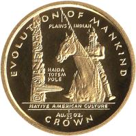Gibraltar coin 1/25 Crown - Elizabeth II - Native American Culture (1997) reverse reverse of 1/25 Crown - Elizabeth II - Native American Culture (1997) coin with KM# 597 from Gibraltar. Inscription: EVOLUTION OF MANKING PLAINS INDIAN HAIDA TOTEM POLE NATIVE AMERICAN CULTURE Au 1/25 OZ. CROWN