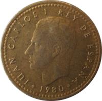 obverse of 1 Peseta - Juan Carlos I - 1982 FIFA World Cup (1980) coin with KM# 816 from Spain. Inscription: JUAN CARLOS I REY DE ESPAÑA 1980