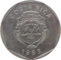 obverse of 5 Colones (1983 - 1989) coin with KM# 214 from Costa Rica. Inscription: REPUBLICA DE COSTA RICA AMERICA CENTRAL REPUBLICA DE COSTA RICA 1985