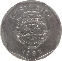 Costa Rica coin 5 Colones (1983 - 1989) obverse obverse of 5 Colones (1983 - 1989) coin with KM# 214 from Costa Rica. Inscription: REPUBLICA DE COSTA RICA AMERICA CENTRAL REPUBLICA DE COSTA RICA 1985