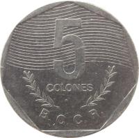 reverse of 5 Colones (1983 - 1989) coin with KM# 214 from Costa Rica. Inscription: 5 COLONES B.C.C.R.