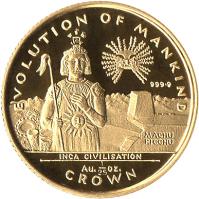 Gibraltar coin 1/25 Crown - Elizabeth II - Inca Civilisation (1997) reverse reverse of 1/25 Crown - Elizabeth II - Inca Civilisation (1997) coin with KM# 601 from Gibraltar. Inscription: EVOLUTION OF MANKING 999 · 9 MACHU PICCHU INCA CIVILISATION Au 1/25 OZ. CROWN