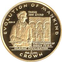 Gibraltar coin 1/25 Crown - Elizabeth II - Islamic Civilization (1997) reverse reverse of 1/25 Crown - Elizabeth II - Islamic Civilization (1997) coin with KM# 603 from Gibraltar. Inscription: EVOLUTION OF MANKING 999 · 9 TARIQ IBN ZIYAD THE CONQUEST OF IBERIA 711 A.D. ISLAMIC CIVISATION Au 1/25 OZ. CROWN