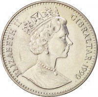 Gibraltar coin 1 Crown - Elizabeth II - World Cup (1990) obverse obverse of 1 Crown - Elizabeth II - World Cup (1990) coin with KM# 33 from Gibraltar. Inscription: ELIZABETH II GIBRALTAR 1990