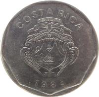 obverse of 20 Colones (1983 - 1996) coin with KM# 216 from Costa Rica. Inscription: COSTA RICA AMERICA CENTRAL REPUBLICA DE COSTA RICA 1983