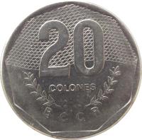 reverse of 20 Colones (1983 - 1996) coin with KM# 216 from Costa Rica. Inscription: 20 COLONES B.C.C.R.