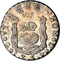 Guatemala coin 4 Reales - Carlos III (1760 - 1771) reverse reverse of 4 Reales - Carlos III (1760 - 1771) coin with KM# 26 from Guatemala.