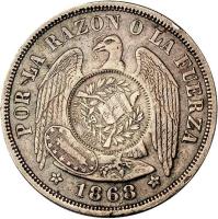Guatemala coin 1 Peso - Countermarked (1867 - 1890) obverse obverse of 1 Peso - Countermarked (1867 - 1890) coin with KM# 216 from Guatemala.
