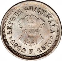 Guatemala coin 1 Real (1872 - 1878) obverse obverse of 1 Real (1872 - 1878) coin with KM# 148 from Guatemala. Inscription: REPCA DE GUATEMALA 15 DE SETRE DE 1821 0.900 P. 1872