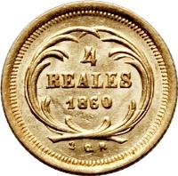 Guatemala coin 4 Reales (1860 - 1864) reverse reverse of 4 Reales (1860 - 1864) coin with KM# 135 from Guatemala. Inscription: 4 REALES 1860