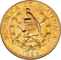 obverse of 10 Quetzales (1926) coin with KM# 245 from Guatemala.