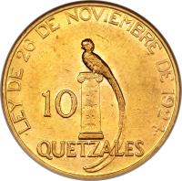 reverse of 10 Quetzales (1926) coin with KM# 245 from Guatemala.