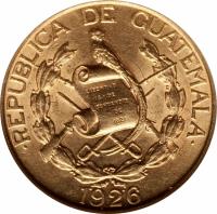 obverse of 5 Quetzales (1926) coin with KM# 244 from Guatemala. Inscription: · REPUBLICA DE GUATEMALA · LIBERTAD 15 DE SEPTIEMBRE DE 1821 1926