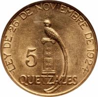 reverse of 5 Quetzales (1926) coin with KM# 244 from Guatemala. Inscription: · LEY DE 26 DE NOVIEMBRE DE 1924 · 5 QUETZALES