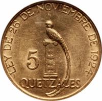 Guatemala coin 5 Quetzales (1926) reverse reverse of 5 Quetzales (1926) coin with KM# 244 from Guatemala. Inscription: · LEY DE 26 DE NOVIEMBRE DE 1924 · 5 QUETZALES