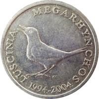 Croatia coin 1 Kuna - 10'th anniversary of Kuna - Latin text (2004) obverse obverse of 1 Kuna - 10'th anniversary of Kuna - Latin text (2004) coin with KM# 79 from Croatia. Inscription: LUSCINIA MEGARHYNCHOS KK 1994.-2004.