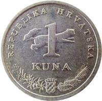 reverse of 1 Kuna - 10'th anniversary of Kuna - Latin text (2004) coin with KM# 79 from Croatia. Inscription: REPUBLIKA HRVATSKA 1 KUNA
