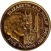 Guernsey coin 5 Pounds - Elizabeth II - Golden Wedding (1997) reverse reverse of 5 Pounds - Elizabeth II - Golden Wedding (1997) coin with KM# 98 from Guernsey. Inscription: ELIZABETH AND PHILIP 1947-1997 FIVE POUNDS ·