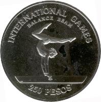Guinea-Bissau coin 250 Pesos - International Games - Medallic Issue (1984) reverse reverse of 250 Pesos - International Games - Medallic Issue (1984) coin with X# 1 from Guinea-Bissau. Inscription: INTERNATIONAL GAMES BALANCE BEAM 250 PESOS