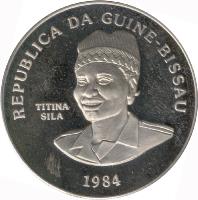 Guinea-Bissau coin 250 Pesos - International Games: Horizontal Bar - Medallic Issue (1984) obverse obverse of 250 Pesos - International Games: Horizontal Bar - Medallic Issue (1984) coin with KM# 24 from Guinea-Bissau. Inscription: REPUBLICA DA GUINE-BISSAU TITINA SILA 1984