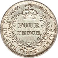 reverse of 4 Pence - George V (1911 - 1916) coin with KM# 28 from Guyana. Inscription: BRITISH GUIANA AND WEST INDIES FOUR PENCE 1911