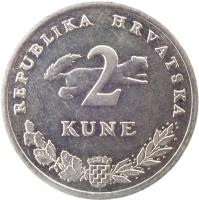 reverse of 2 Kune - Latin text (1994 - 2014) coin with KM# 21 from Croatia. Inscription: REPUBLIKA HRVATSKA 2 KUNE