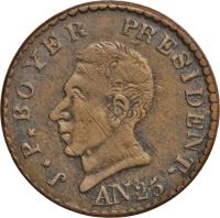 obverse of 25 Centimes (1828) coin with KM# 18a from Haiti.