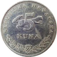 Croatia coin 5 Kuna - Latin text (1994 - 2014) reverse reverse of 5 Kuna - Latin text (1994 - 2014) coin with KM# 23 from Croatia. Inscription: REPUBLIKA HRVATSKA 5 KUNA