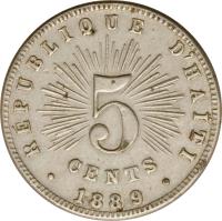 Haiti coin 5 Centimes (1889) obverse obverse of 5 Centimes (1889) coin with KM# 50 from Haiti.