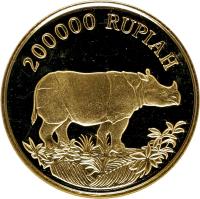 Indonesia coin 200000 Rupiah - Wildlife (1987) reverse reverse of 200000 Rupiah - Wildlife (1987) coin with KM# 46 from Indonesia. Inscription: 200000 RUPIAH