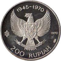 obverse of 200 Rupiah - Great Bird of Paradise (1970) coin with KM# 23 from Indonesia. Inscription: 1945-1970 IB 1970 200 RUPIAH