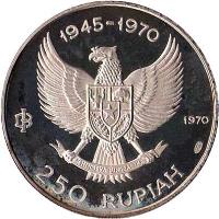 Indonesia coin 250 Rupiah - Manjusri statue (1970) obverse obverse of 250 Rupiah - Manjusri statue (1970) coin with KM# 24 from Indonesia. Inscription: 1945-1970 IB 1970 250 RUPIAH