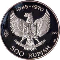 Indonesia coin 500 Rupiah - Wayang dancer (1970) obverse obverse of 500 Rupiah - Wayang dancer (1970) coin with KM# 25 from Indonesia. Inscription: 1945-1970 IB 1970 500 RUPIAH
