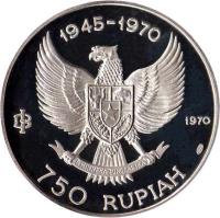 obverse of 750 Rupiah - Garuda Bird (1970) coin with KM# 26 from Indonesia. Inscription: 1945-1970 IB 1970 750 RUPIAH