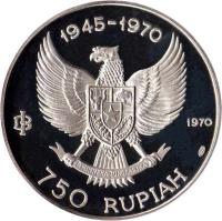 Indonesia coin 750 Rupiah - Garuda Bird (1970) obverse obverse of 750 Rupiah - Garuda Bird (1970) coin with KM# 26 from Indonesia. Inscription: 1945-1970 IB 1970 750 RUPIAH