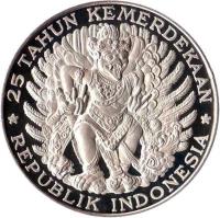 Indonesia coin 750 Rupiah - Garuda Bird (1970) reverse reverse of 750 Rupiah - Garuda Bird (1970) coin with KM# 26 from Indonesia. Inscription: 25 TAHUN KEMERDEKAAN REPUBLIK INDONESIA