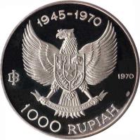 Indonesia coin 1000 Rupiah - General Sudirman (1970) obverse obverse of 1000 Rupiah - General Sudirman (1970) coin with KM# 27 from Indonesia. Inscription: 1945-1970 IB 1970 1000 RUPIAH