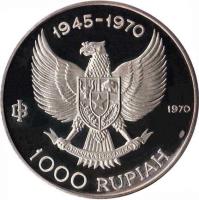 obverse of 1000 Rupiah - General Sudirman (1970) coin with KM# 27 from Indonesia. Inscription: 1945-1970 IB 1970 1000 RUPIAH