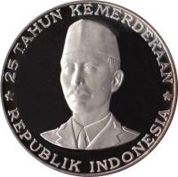 Indonesia coin 1000 Rupiah - General Sudirman (1970) reverse reverse of 1000 Rupiah - General Sudirman (1970) coin with KM# 27 from Indonesia. Inscription: 25 TAHUN KEMERDEKAAN REPUBLIK INDONESIA