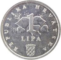 reverse of 1 Lipa - Latin text (1994 - 2014) coin with KM# 12 from Croatia. Inscription: REPUBLIKA HRVATSKA 1 LIPA