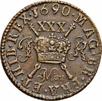 Ireland coin 30 Pence - James II - Gun Money (1690) reverse reverse of 30 Pence - James II - Gun Money (1690) coin with SP# 6580 from Ireland. Inscription: 1690