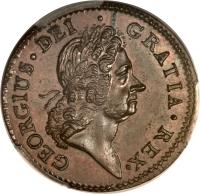 obverse of 1/2 Penny - George I (1722) coin with SP# 6600 from Ireland. Inscription: GEORGIUS. DEI. GRATIA. REX.