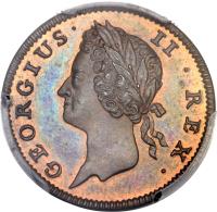 obverse of 1 Farthing - George II (1737 - 1738) coin with SP# 6608 from Ireland. Inscription: GEORGUIS II.REX.