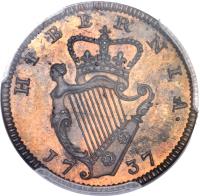 Ireland coin 1 Farthing - George II (1737 - 1738) reverse reverse of 1 Farthing - George II (1737 - 1738) coin with SP# 6608 from Ireland. Inscription: HIBERNIA 1738